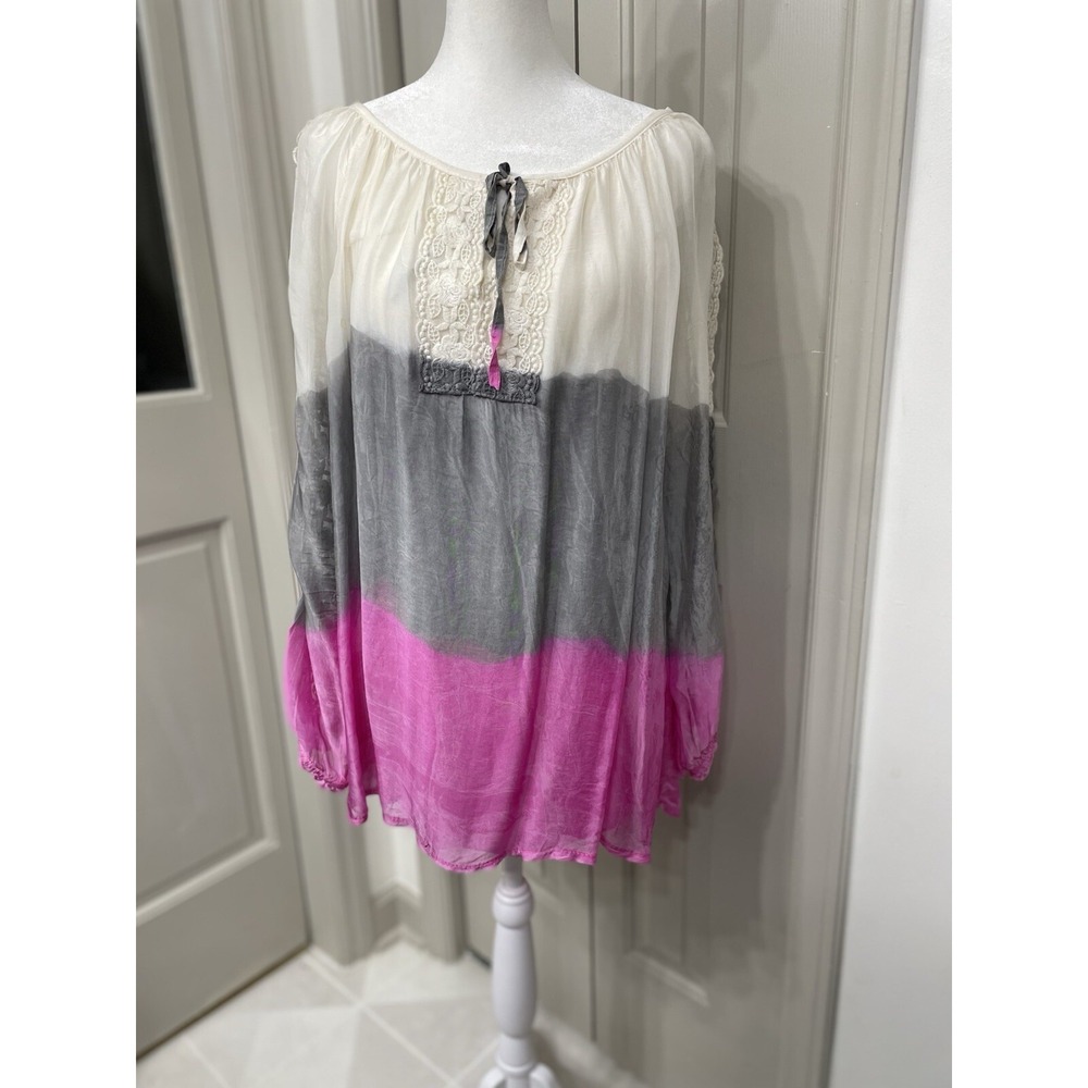 TEMPO PARIS Italy Silk Tunic Top Size Large Flowy Crochet Oversized